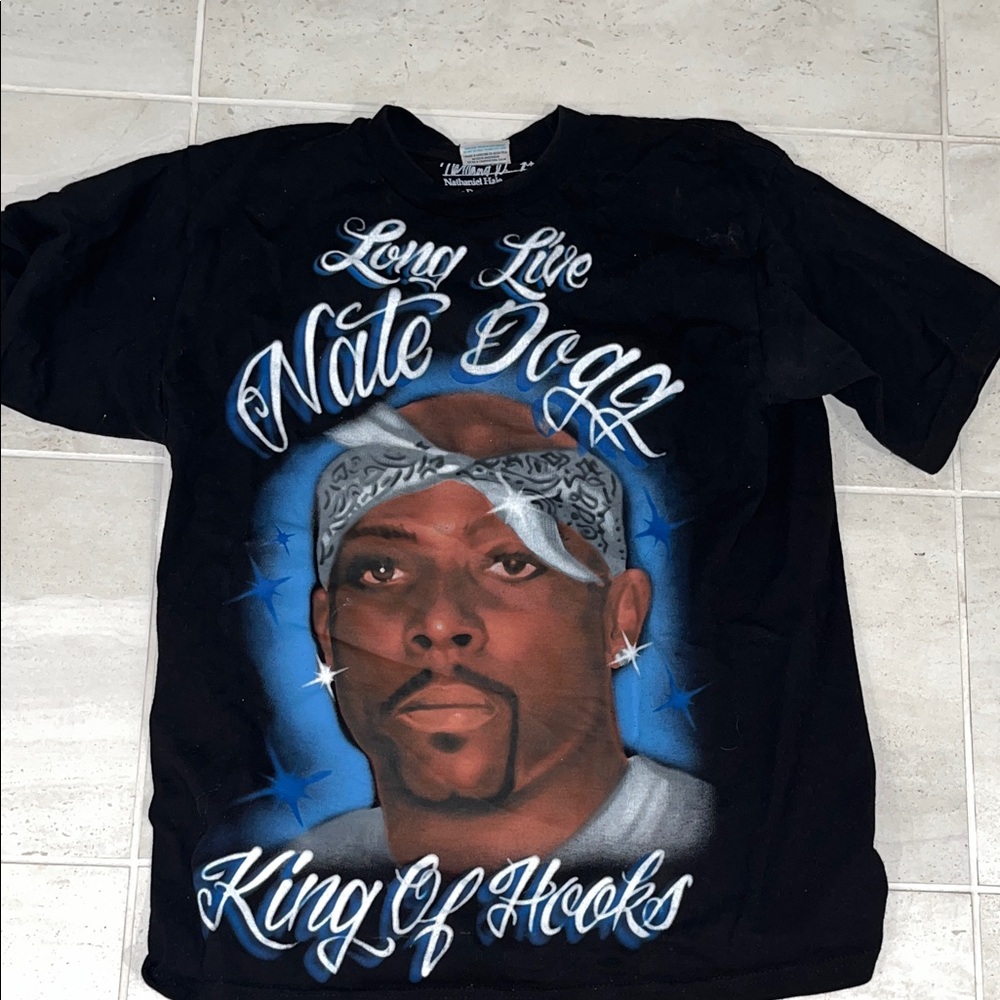 Nate DogBlack Graphic T-Shirt with Blue and White Design